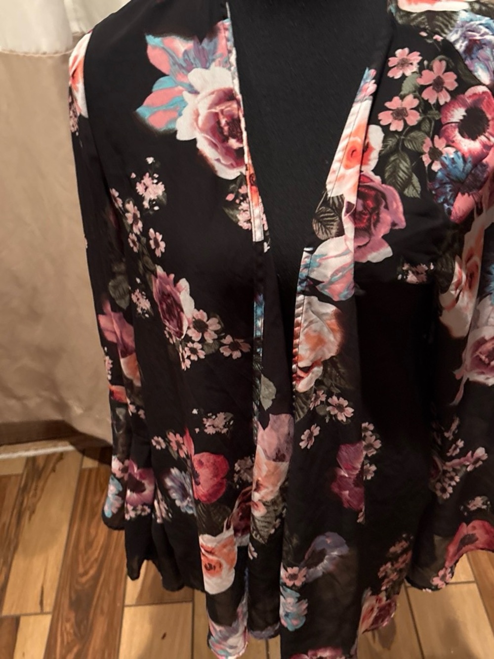 Black Floral Open-Front Tunic with Pink Rose Accents